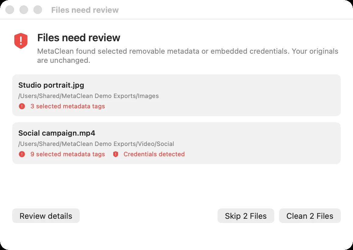 MetaClean for Mac quick-clean prompt: Social campaign.mp4 with 9 selected metadata tags and Credentials detected, buttons Review details, Skip, Clean